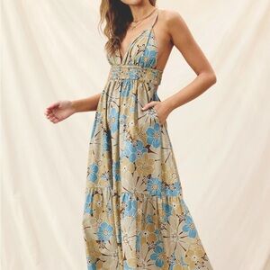 Dress Forum Lily Pad Backless Floral Maxi Dress - Blue and Cream